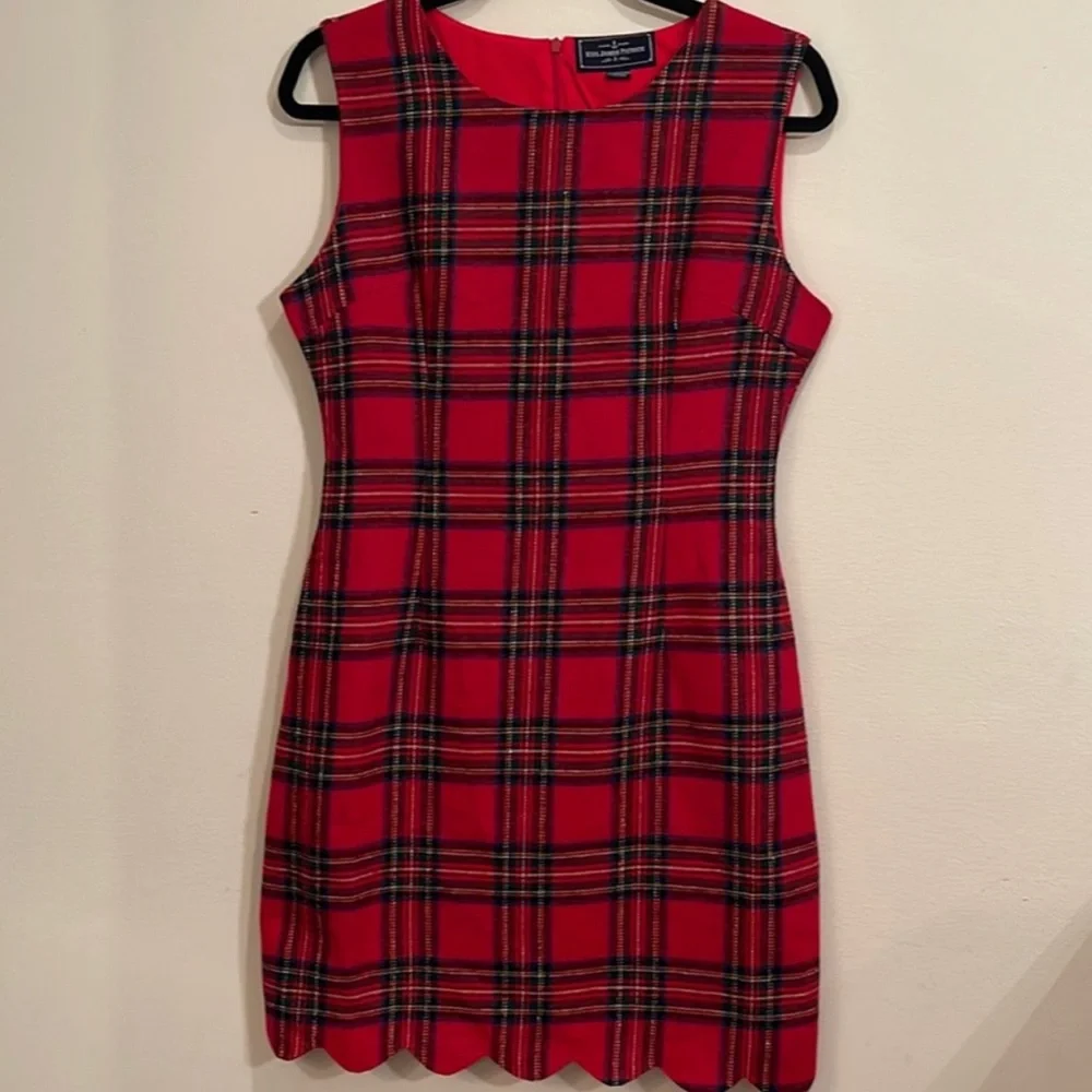 Kiel James Patrick KJP red Plaid Scalloped Hem Shift Christmas Wrapper Dress 6 - Picture 3 of 4